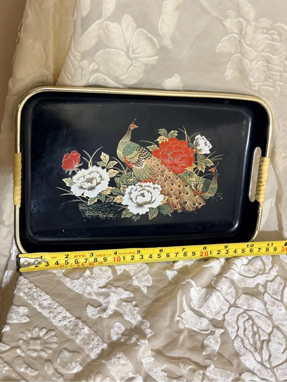 Vintage Peacock Peony Serving Tray Set Black Lacquer Style Gold Trim Asian MCM